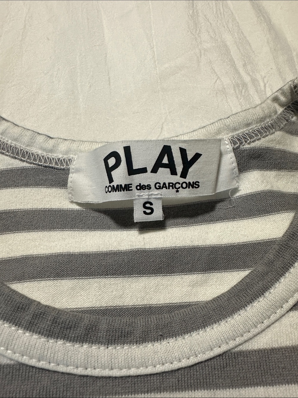 Comme des Garçons PLAY Gray & White Striped Long Sleeve Tee with Red Heart - Picture 3 of 8